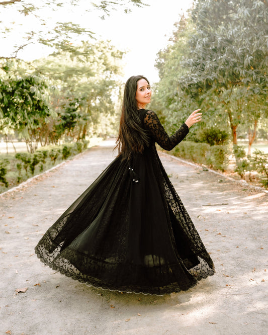 Beautiful traditional Embroidered Long Chiffon Black Maxi