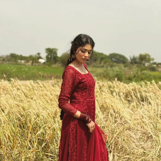 Beautiful traditional Embroidered Long Chiffon Maroon Maxi