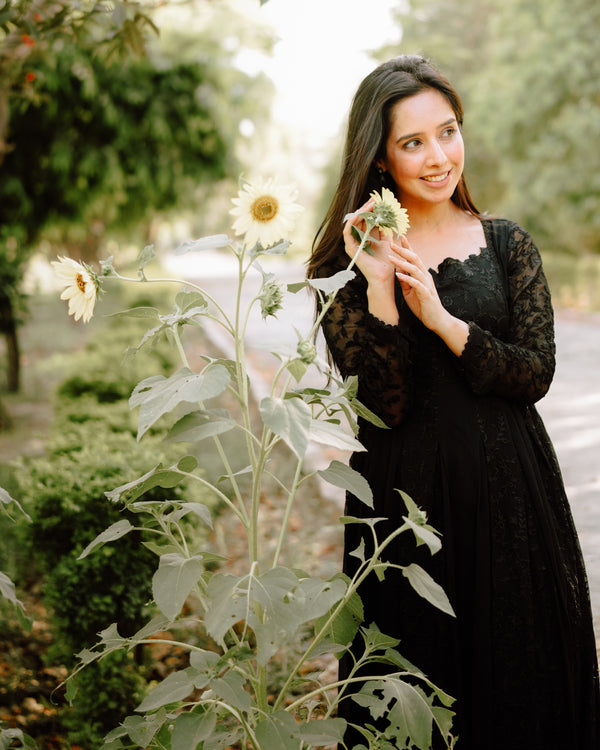 Beautiful traditional Embroidered Long Chiffon Black Maxi