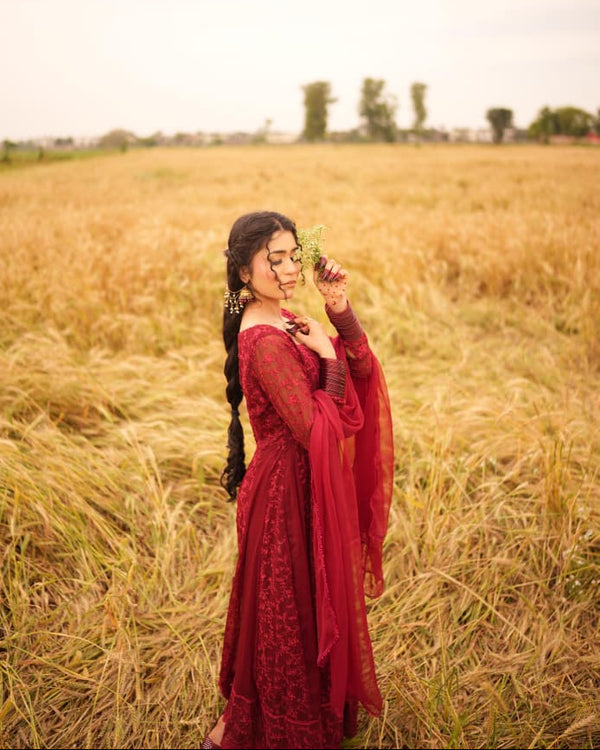 Beautiful traditional Embroidered Long Chiffon Maroon Maxi