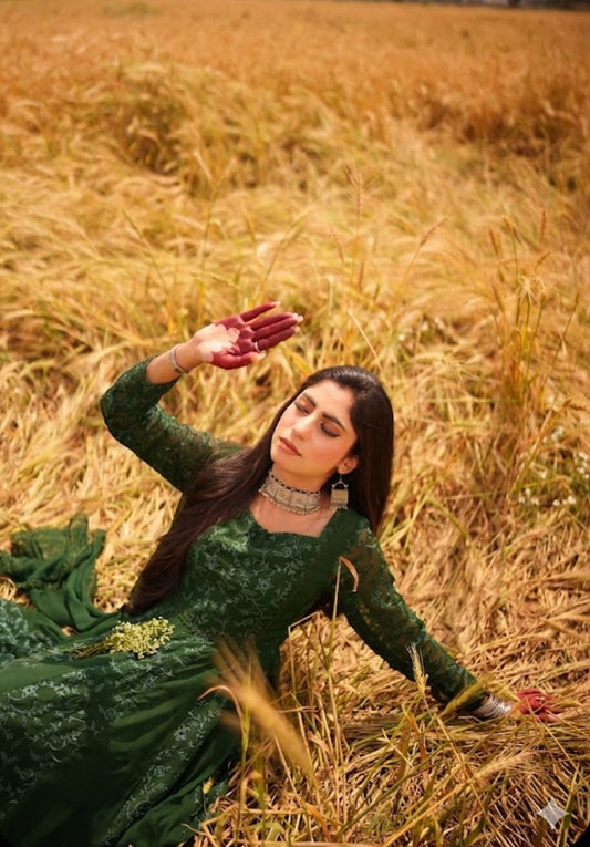 Beautiful traditional Embroidered Long Chiffon Deep Green Maxi