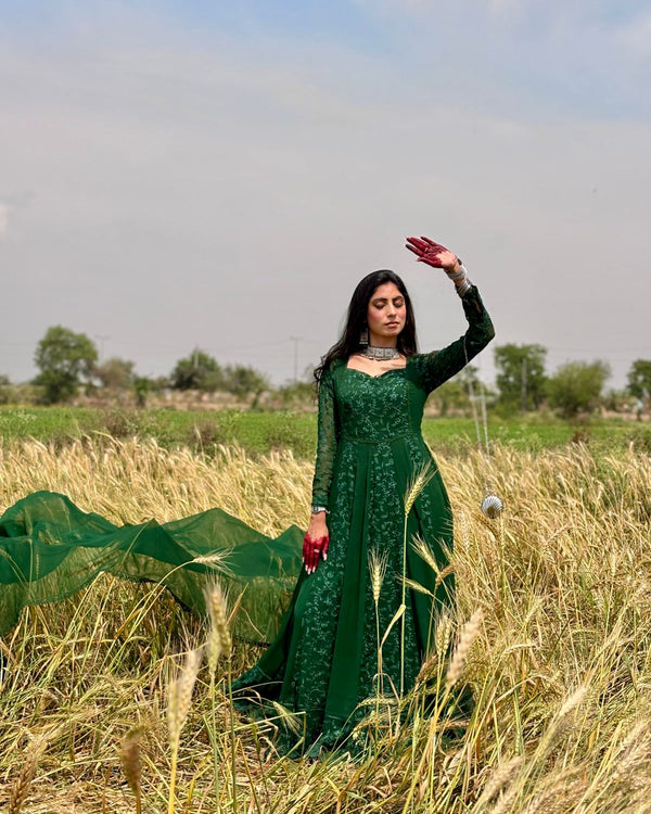 Beautiful traditional Embroidered Long Chiffon Deep Green Maxi